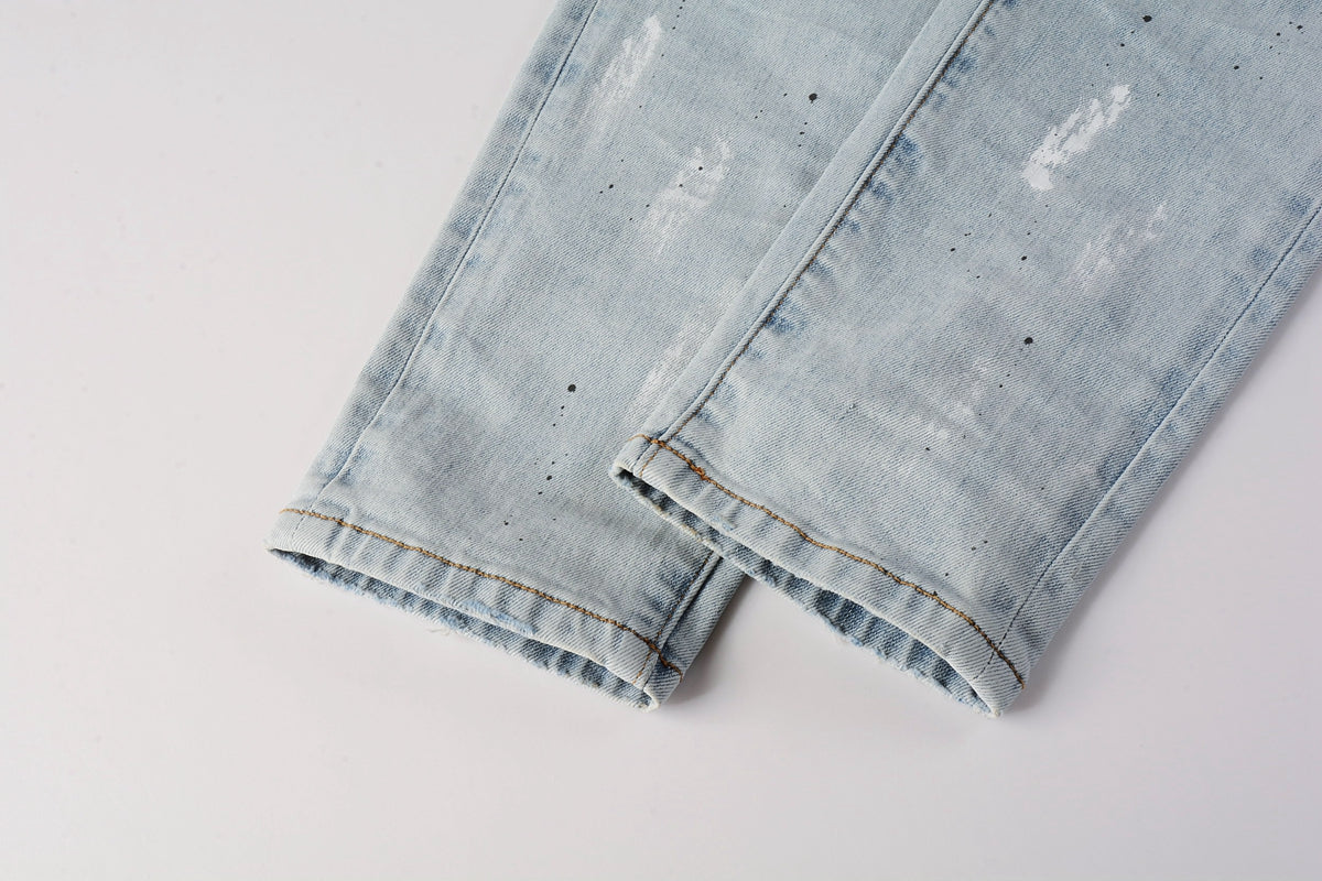 PURPLE  Men Streetwear Skinny Jeans Light Blue Wash with White Paint Splatter and Subtle Distress 9006