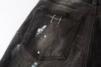 PURPLE  Men Streetwear Skinny Jeans Dark Gray Wash with White Paint Splatter and Distressed Rips 9030