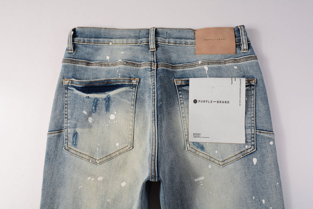 PURPLE   Men Streetwear Skinny Jeans Light Blue Wash with Heavy Distressed Rips and White Paint Splatter 9003