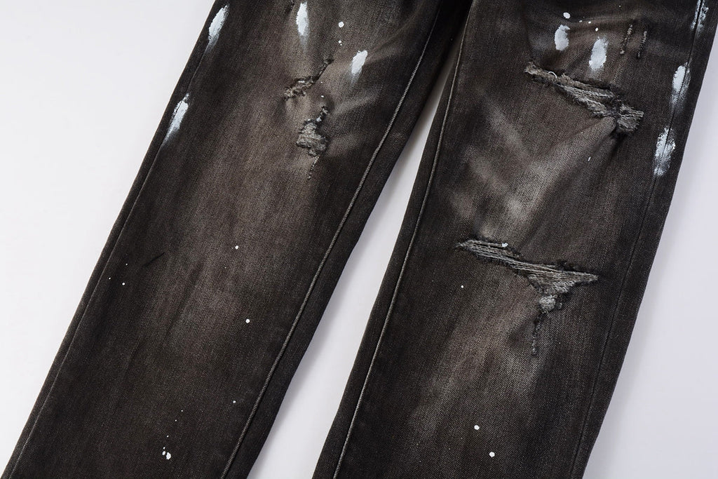 PURPLE  Men Streetwear Skinny Jeans Dark Gray Wash with White Paint Splatter and Distressed Rips 9030