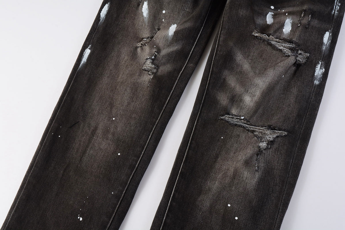 PURPLE  Men Streetwear Skinny Jeans Dark Gray Wash with White Paint Splatter and Distressed Rips 9030
