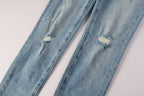 PURPLE   Men Streetwear Skinny Jeans Light Blue Wash with Subtle Distressed Ripped Details 9075