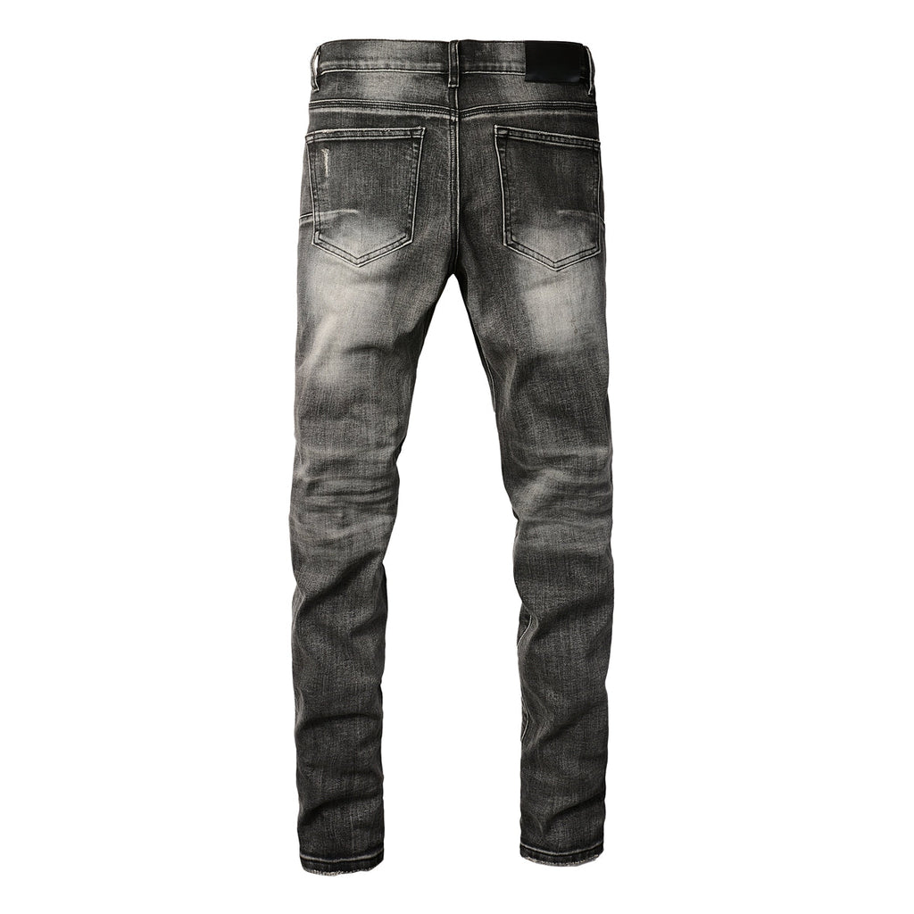 PURPLE  Men Classic Streetwear Jeans Distressed Grey Ripped skinny Fit 9103