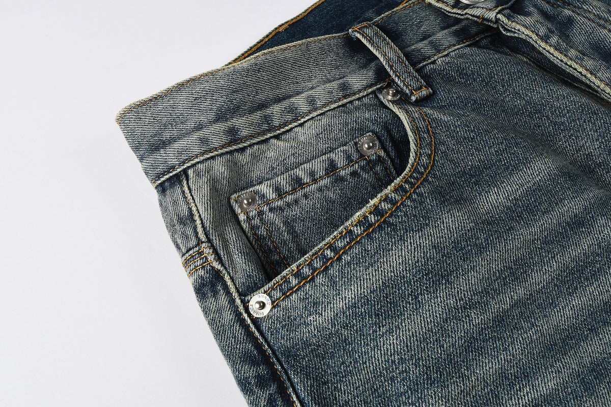 PURPLE  Men Vintage Streetwear Straight Jeans Blue Washed with Whisker Fade and Contrast Panels PU9120