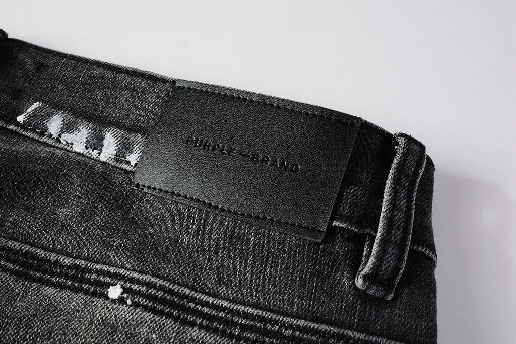 PURPLE  Men Streetwear Skinny Jeans Dark Gray Wash with Distressed Rips and Multi-Color Paint Splatter 9018