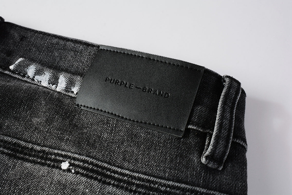 PURPLE  Men Streetwear Skinny Jeans Dark Gray Wash with Distressed Rips and Multi-Color Paint Splatter 9018