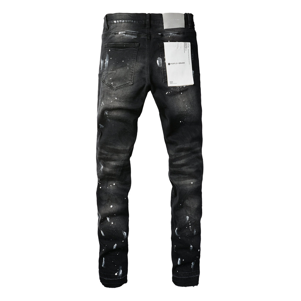 PURPLE   Men Streetwear Skinny Jeans Black Fade Wash with White Paint Splatter and Distressed Rips 9002