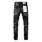 PURPLE   Men Streetwear Skinny Jeans Black Fade Wash with White Paint Splatter and Distressed Rips 9002