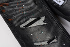 PURPLE  Men Streetwear Skinny Jeans Dark Gray Wash with Distressed Rips and Multi-Color Paint Splatter 9018