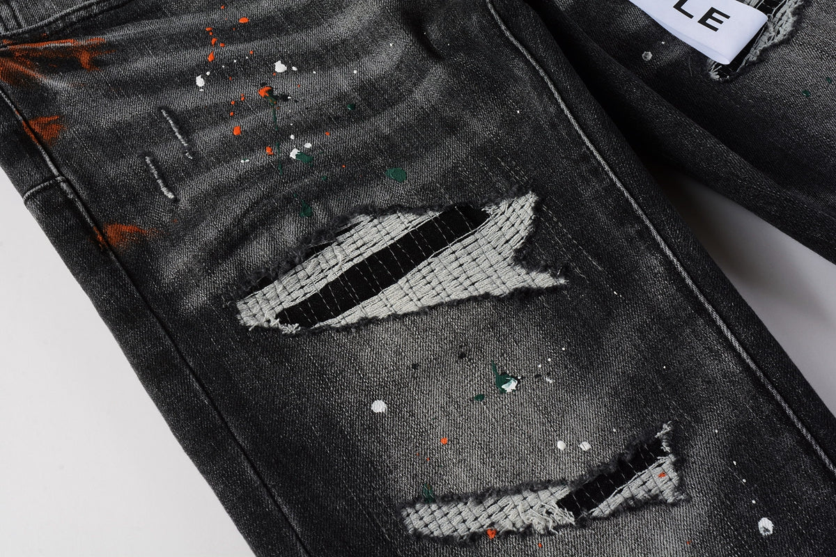 PURPLE  Men Streetwear Skinny Jeans Dark Gray Wash with Distressed Rips and Multi-Color Paint Splatter 9018