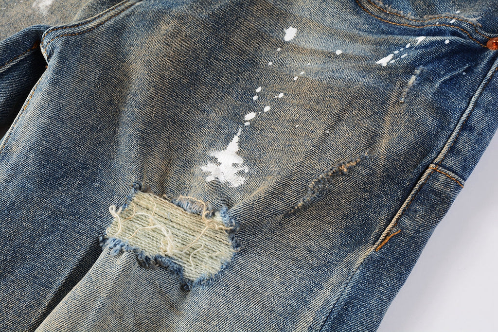 PURPLE   Men Streetwear Skinny Jeans Light Blue Wash with Distressed Rips and White Paint Splatter 9012