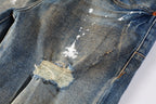 PURPLE   Men Streetwear Skinny Jeans Light Blue Wash with Distressed Rips and White Paint Splatter 9012