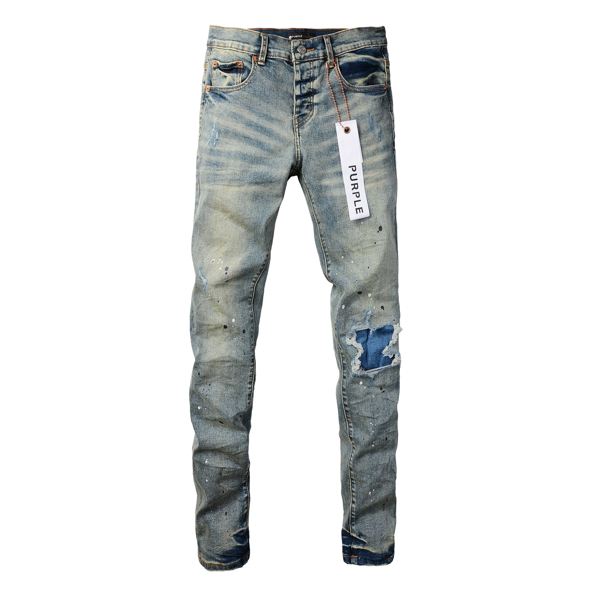 PURPLE  Men Streetwear Skinny Jeans Light Blue Wash with Blue Patched Rips and White Paint Splatter 9050-1