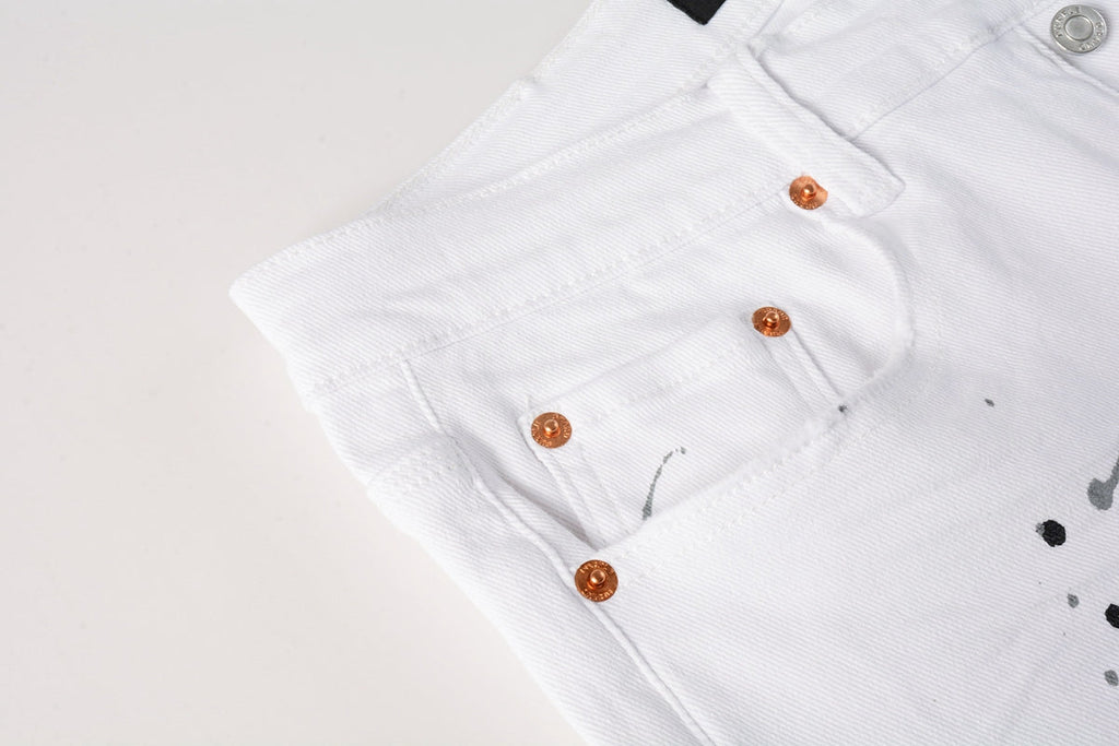 PURPLE   Men Streetwear Skinny Jeans White Wash with Black Paint Splatter and Distressed Rip 9021