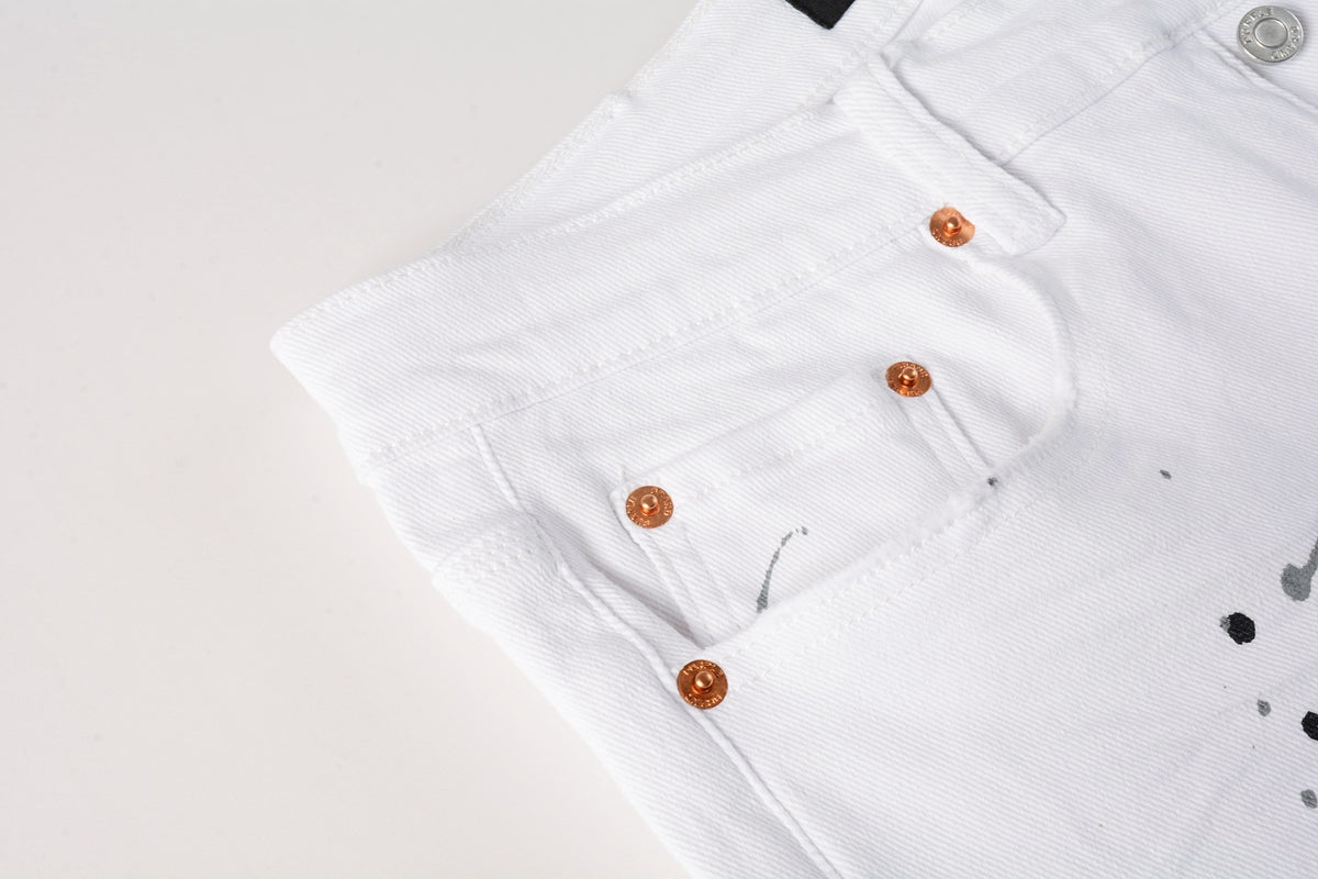 PURPLE   Men Streetwear Skinny Jeans White Wash with Black Paint Splatter and Distressed Rip 9021