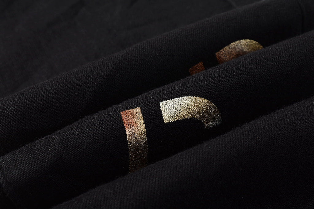 PURPLE  Men Streetwear Skinny Jeans Black Wash with All-Over Metallic Gold "P" Print 9008