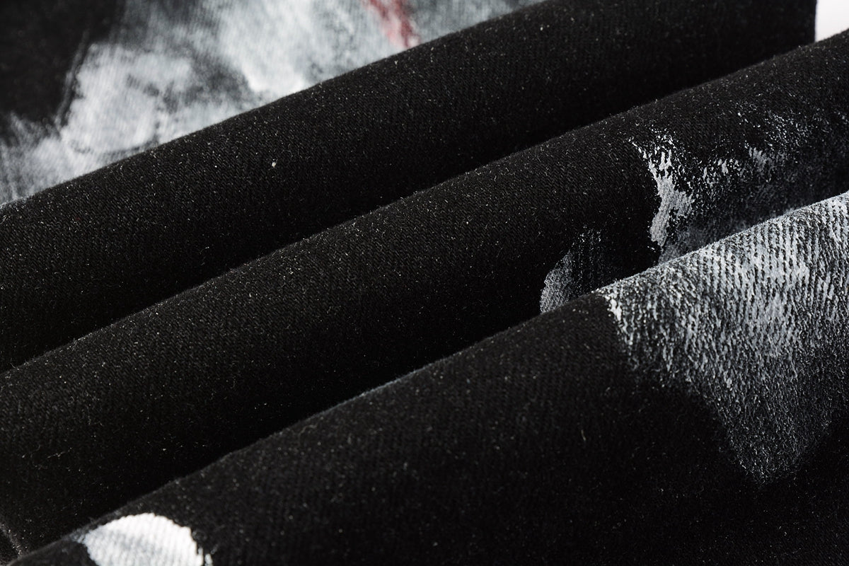 PURPLE  Men Streetwear Skinny Jeans Black and White Graffiti Wash with Multi - Color Paint Accents 9020