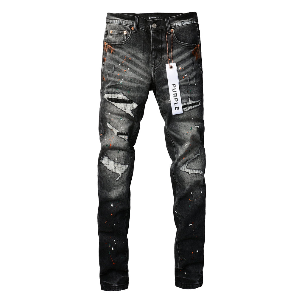 PURPLE  Men Streetwear Skinny Jeans Dark Gray Wash with Distressed Rips and Multi-Color Paint Splatter 9018