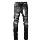 PURPLE  Men Streetwear Skinny Jeans Dark Gray Wash with Distressed Rips and Multi-Color Paint Splatter 9018