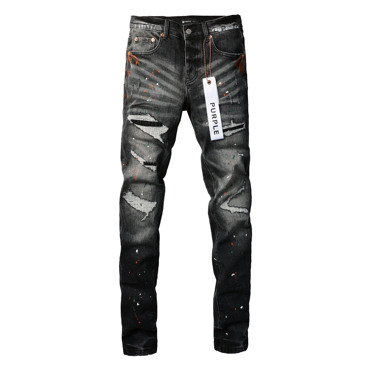 PURPLE  Men Streetwear Skinny Jeans Dark Gray Wash with Distressed Rips and Multi-Color Paint Splatter 9018