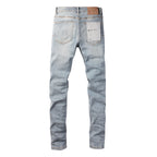 PURPLE   Men Streetwear Skinny Jeans Light Blue Wash with Knee Ripped Details and Black Lining 9010