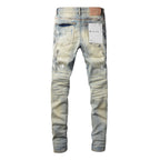 PURPLE  Men Streetwear Skinny Jeans Light Blue Wash with White Paint Splatter and Distressed Rips 9007