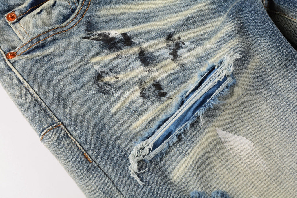 PURPLE  Men Classic Streetwear Jeans DistressedBlue Paint Slash Skinny 9037