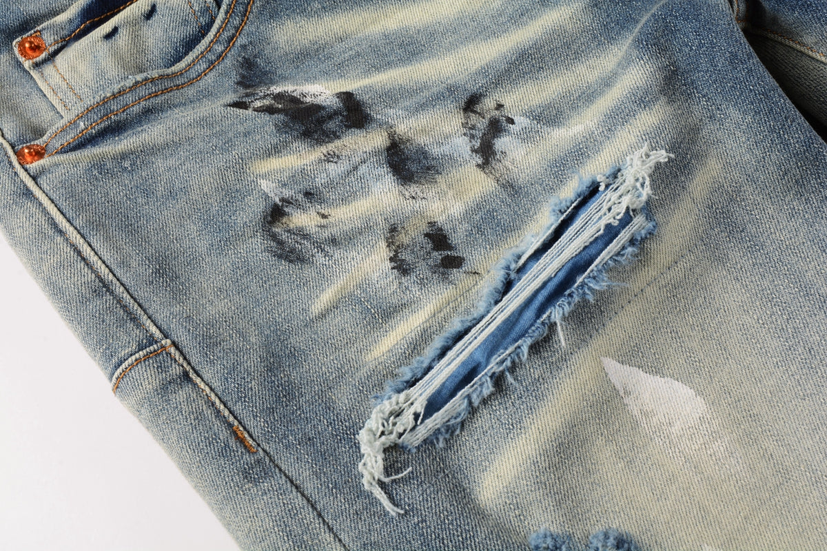 PURPLE  Men Classic Streetwear Jeans DistressedBlue Paint Slash Skinny 9037