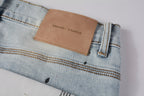PURPLE  Men Streetwear Skinny Jeans Light Blue Wash with White Paint Splatter and Subtle Distress 9006