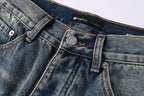 PURPLE  Men Vintage Streetwear Straight Jeans Blue Washed with Whisker Fade and Contrast Panels PU9120