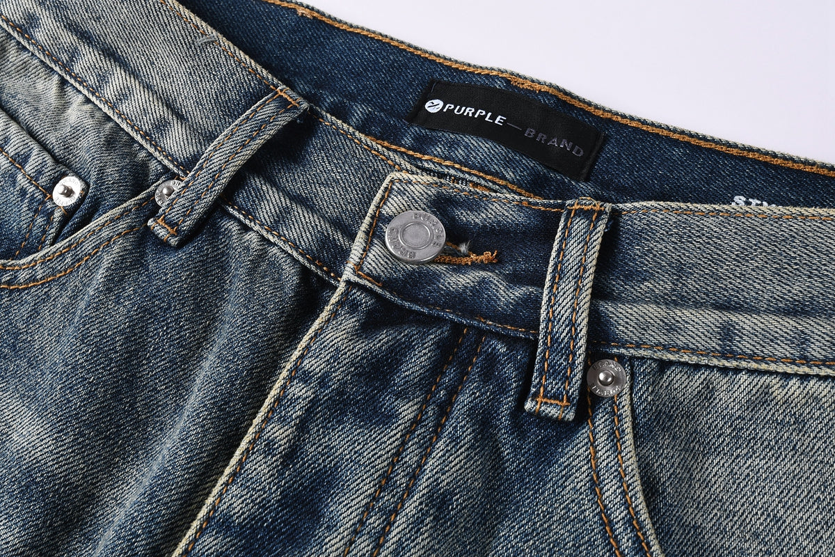 PURPLE  Men Vintage Streetwear Straight Jeans Blue Washed with Whisker Fade and Contrast Panels PU9120