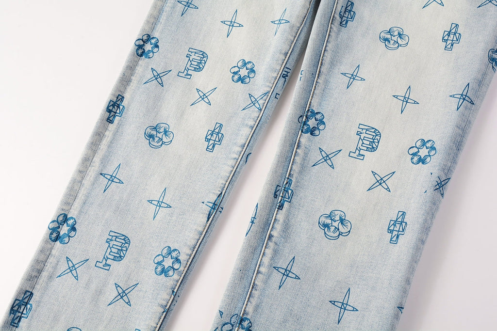 PURPLE  Men Streetwear Skinny Jeans Light Blue Wash with White Paint Brush Strokes 9063