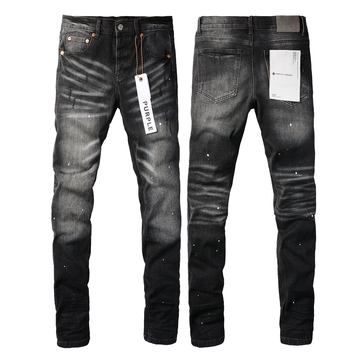 PURPLE   Men Streetwear Skinny Jeans Black - Gray Fade Wash with White Paint Specks 9027