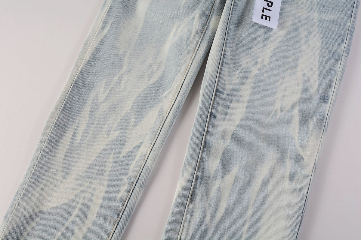 PURPLE   Men Streetwear Skinny Jeans Light Blue Wash with White Brushstroke Texture 7017