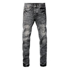 PURPLE  Men Distressed Grey Washed skinny Jeans Ripped Scratch style 9105