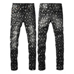 PURPLE  Men Classic Street Skinny Jeans Dark Grey Monogram Print All Over Distressed Style 9112