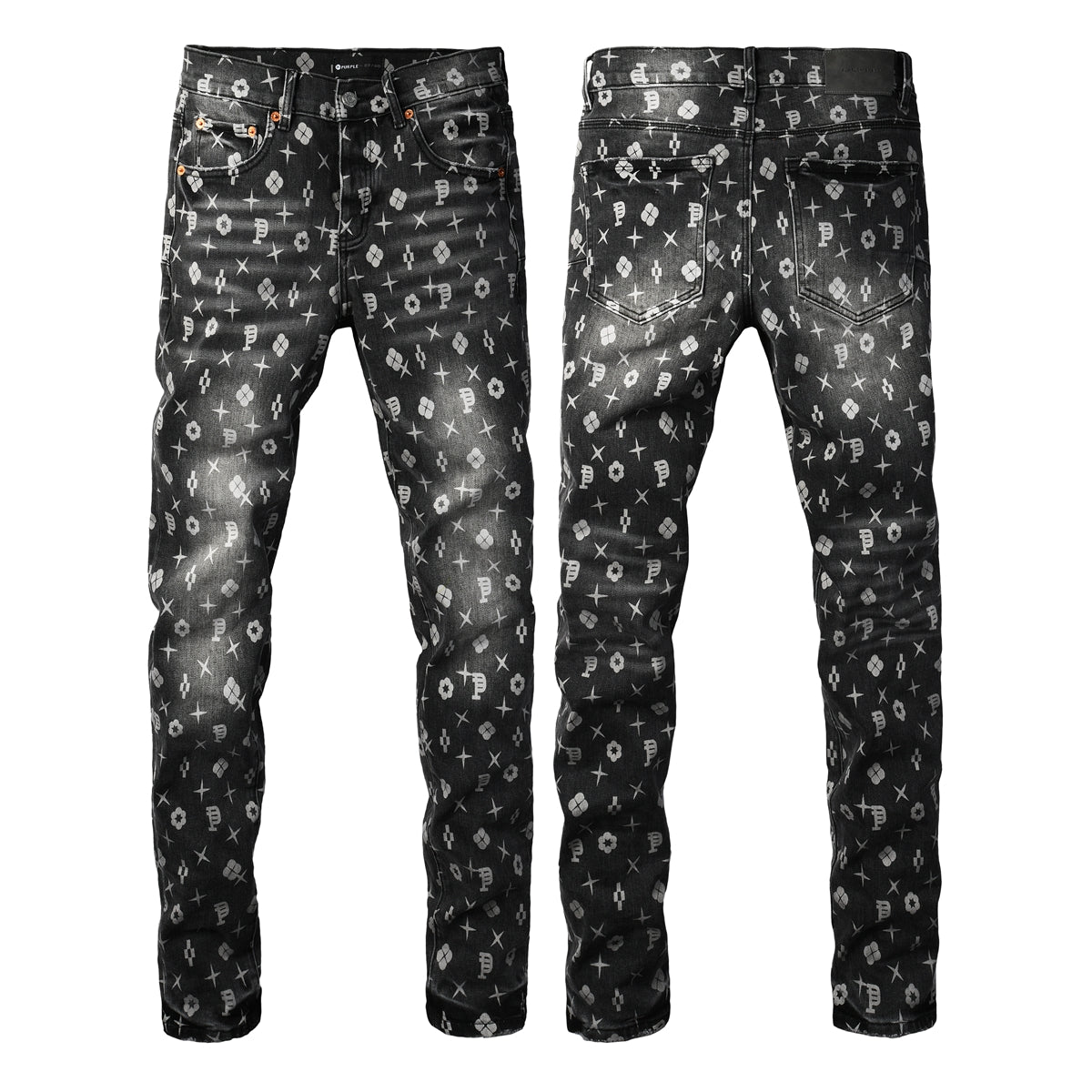 PURPLE  Men Classic Street Skinny Jeans Dark Grey Monogram Print All Over Distressed Style 9112
