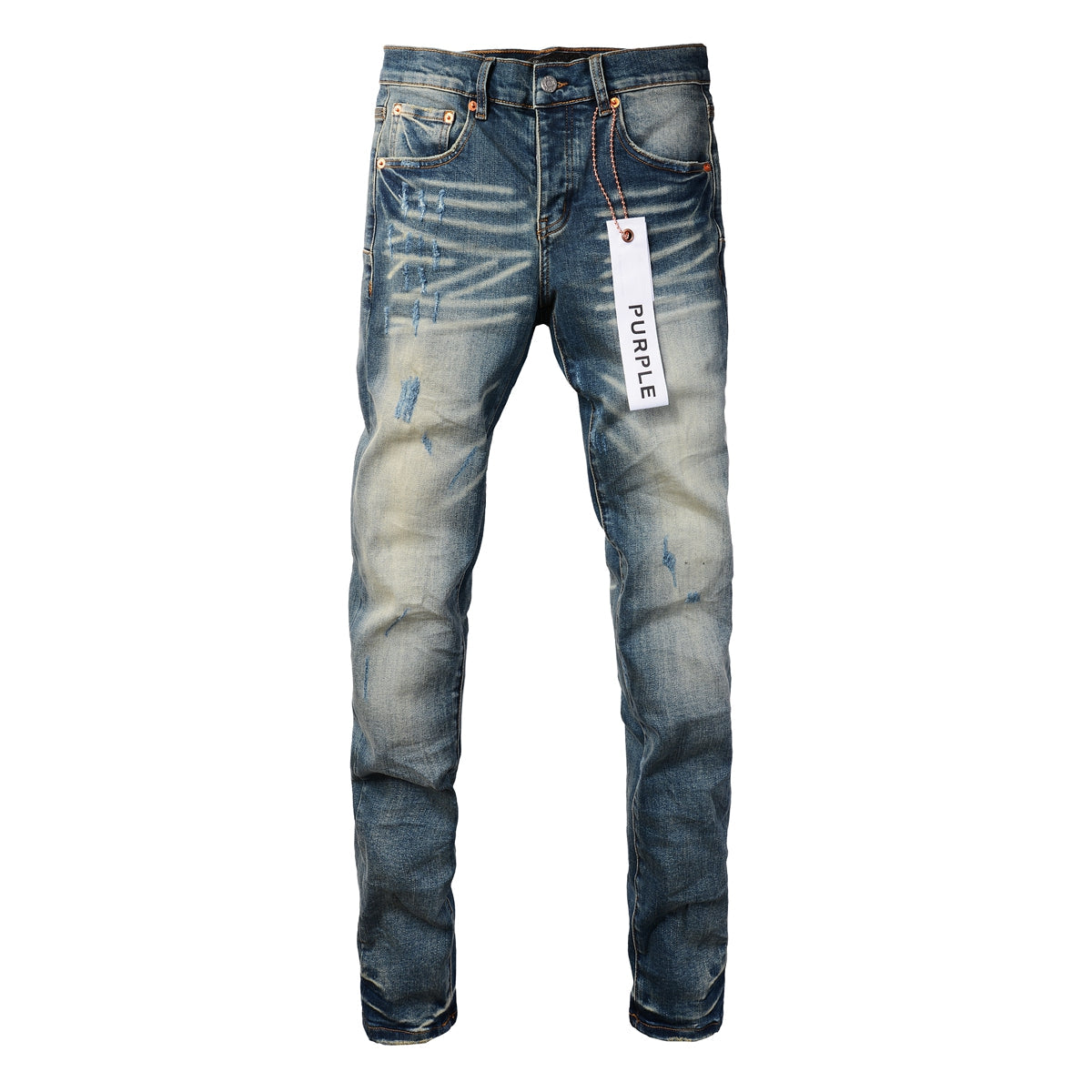 PURPLE  Men Streetwear Skinny Jeans Light Blue Wash with Vintage Faded Wash and Subtle Distress 9055