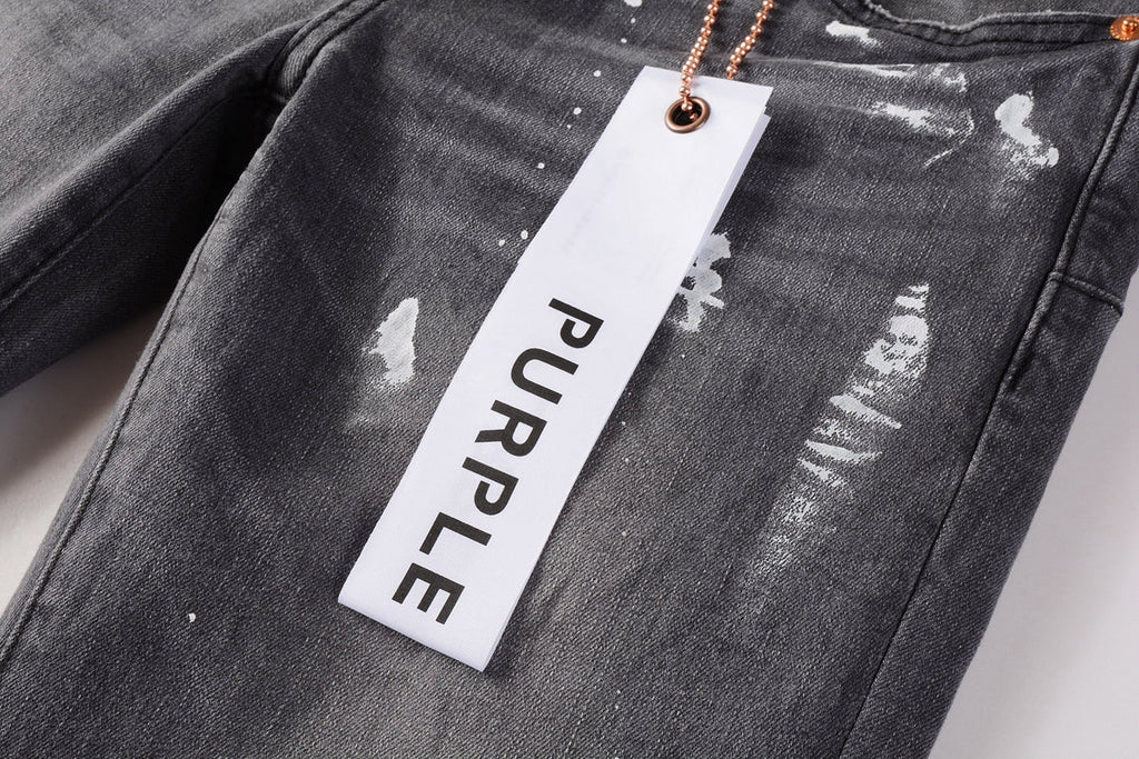 PURPLE  Men Streetwear Skinny Jeans Dark Gray Wash with Knee Rips and White Paint Splatter 9039