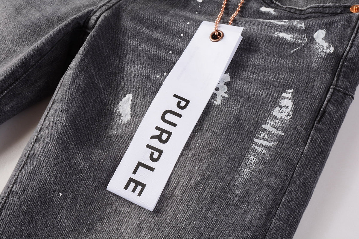 PURPLE  Men Streetwear Skinny Jeans Dark Gray Wash with Knee Rips and White Paint Splatter 9039