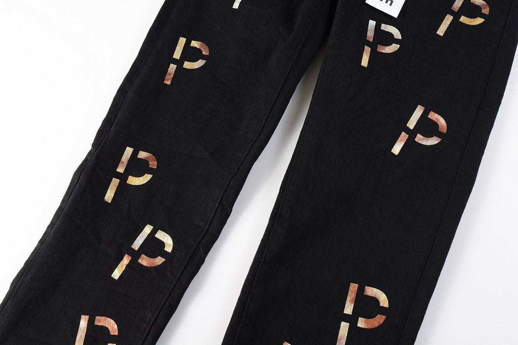 PURPLE  Men Streetwear Skinny Jeans Black Wash with All-Over Metallic Gold "P" Print 9008
