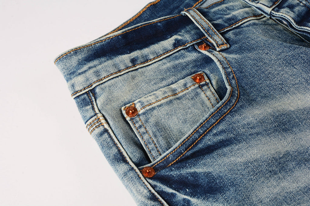 PURPLE   Men Streetwear Skinny Jeans Light Blue Wash with Subtle White Pattern Wash 9013