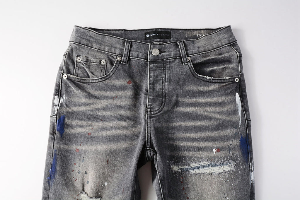 PURPLE  Men Streetwear Distressed Grey Skinny Jeanswith Color Paint Splatter and Knee Rips 9107