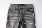 PURPLE  Men Streetwear Distressed Grey Skinny Jeanswith Color Paint Splatter and Knee Rips 9107