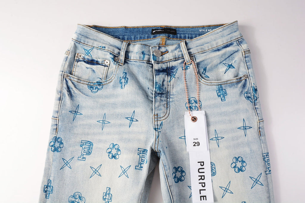 PURPLE  Men Streetwear Skinny Jeans Light Blue Wash with White Paint Brush Strokes 9063
