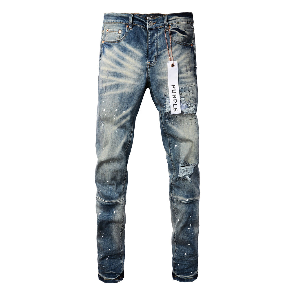 PURPLE  Men Streetwear Jeans Distressed Blue PatchPaint skinny Fit 9025