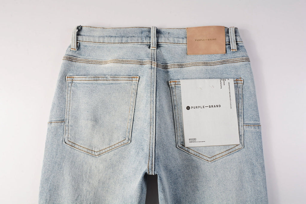 PURPLE   Men Streetwear Skinny Jeans Light Blue Wash with Knee Ripped Details and Black Lining 9010